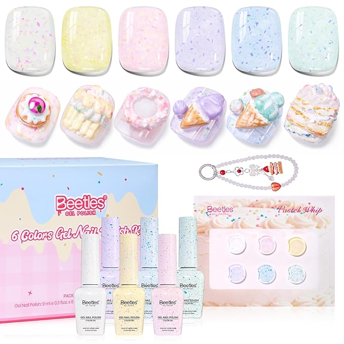 Beetles Easter Gel Nail Polish Set, Pastel Whip 6 Colors Taste of Spring Macaron Shimmer Glitter Gel Polish Kit Spring Pink Yellow green Soft Creamy Soak Off UV LED DIY Gel Nail Art Gifts for Women