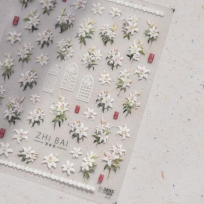 5D Embossed Spring Floral Nail Art Stickers, Lily Design with Elegant Effect for Valentine's Day