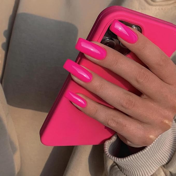 KQueenest Hot Pink Press on Nails Long Medium Square, Neon Pink Fake Nails Medium Coffin, Glossy Sheer Acrylic Nails Press ons, Reusable Vibrant Soft Gel Glue on Nails for Women Summer, Fushia