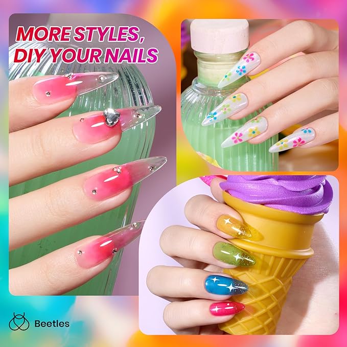 Beetles Jelly Gel Nail Polish Set, 6 Colors Summer Neon Gel Nail Polish Kit Sheer Transparent Effect Hot Pink Red Blue Yellow Green French Nail Art Tropical Glow Series Manicure Gift for Women
