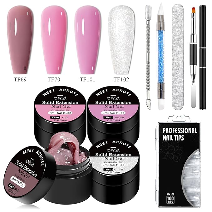 MEET ACROSS 9Pcs 3D Builder Gel Kit for Nail Art Dirty Pink Sliver Non Sticky Hand Carving Extension Solid Builder Gel for Nails with Silicone Pen Manicure Kit 4 Colors