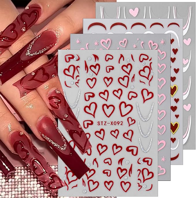 6 Sheets Valentines Nail Art Stickers Sparkling Heart Nail Decals 3D Self-Adhesive Red Heart English Letter Nail Designs French Lines Nails Stickers for Women Romantic Valentine's Holiday Nails Decor