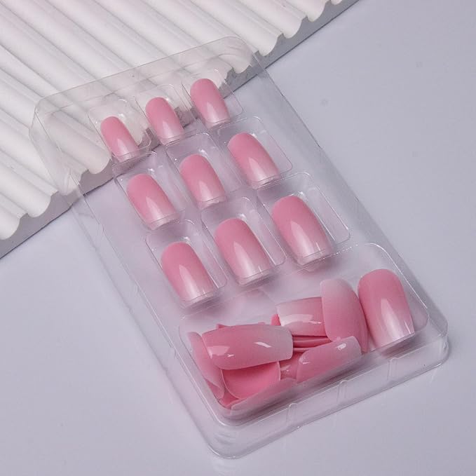 Press on Nails Short Square Fake Nails Ombre False Nails Press ons Glossy Nude Pink Glue on Nails Full Cover Stick on Nail for Women Nail Decoration 24Pcs