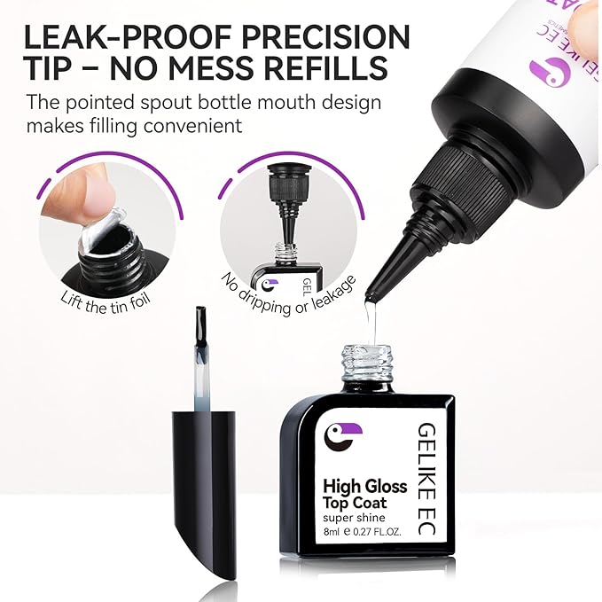 gelike ec Base Gel Top Coat Set: 2x100ml Hema Free Great Value Refill for Nail Techs Manicure Salon Store Compatible with All Gel Nail Polish & Acrylic Nails