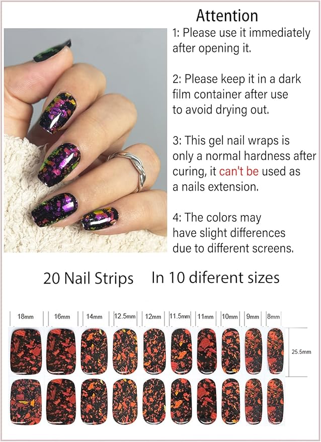 Semi Cured Gel Nail Strips, Purple Gold Foil 20pcs Adhesive UV Sticker, Wraps for Home Manicure DIY
