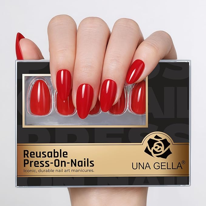 UNA GELLA 32Pcs Soft Gel Press on Nails - 16 Sizes Classic Red Almond Glue on Nails, Reusable Glossy Solid Red False Nails, Full Cover Acrylic Nail Kit for Women DIY Home Manicure