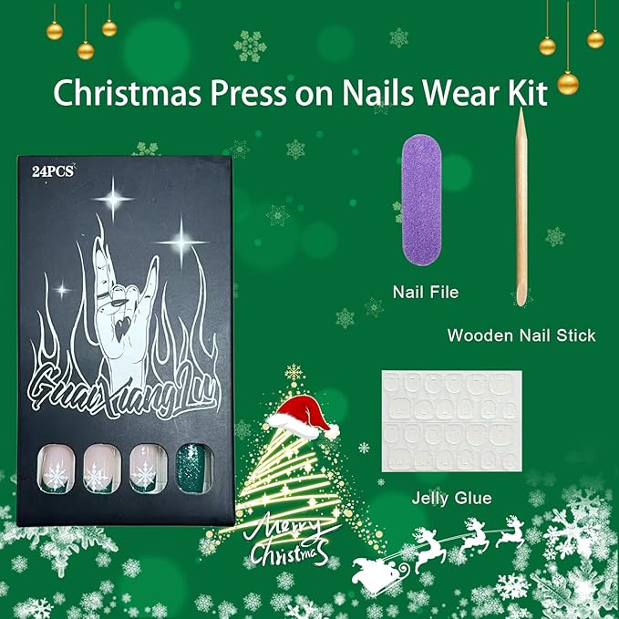 Christmas Press on Nails Medium Square Fake Nails with Bow Snowflake Designs Green French Tip Xmas False Nail Winter Acrylic Stick on Nail for Women 24 Pcs