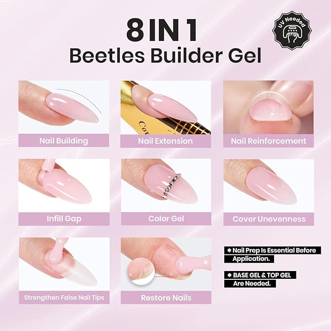Beetles Builder Gel for Nails HEMA-Free,2 Pcs 0.2 oz 8 in 1 Jelly Purple & Glitter Builder for Thickening Apex Building Strengthener Extension LED/UV Lamp Light Purple Nails DIY Salon for Begginer
