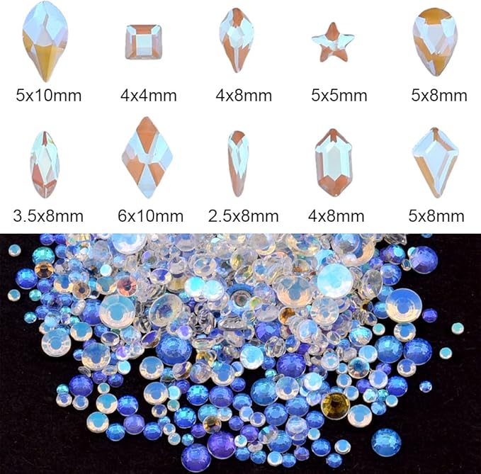 820pcs Aurora Nail Art Small Flatback Crystals Rhombus Square Star Shaped Gemstones 3D Manicure DIY Decoration Home Salon Accessories Supply