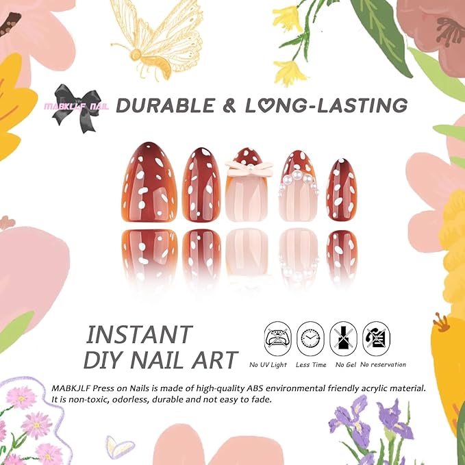 French Tip Press on Nails Medium Almond MABKJLF Fake Nails Amber False Nails with Pearls Polka Dots Bow Designs Glossy Glue on Nail Full Cover Acrylic Nails for Women Girls 24Pcs