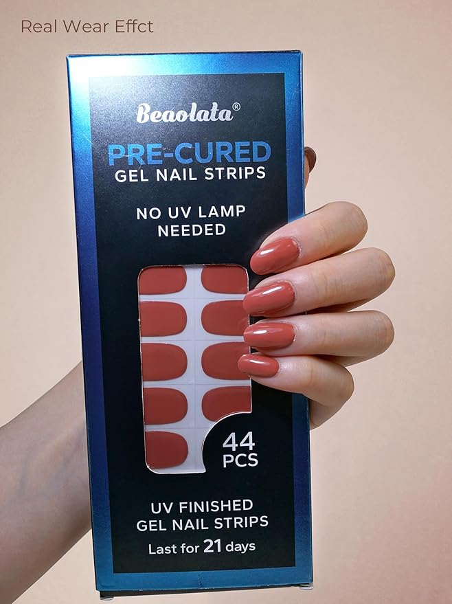 Real Gel Nail Strips (No UV Light Needed) - 44Pcs Salon Quality Nail Stickers - Long Lasting Polish Wraps for Women, Easy Apply & Remove (Oxblood Brown）