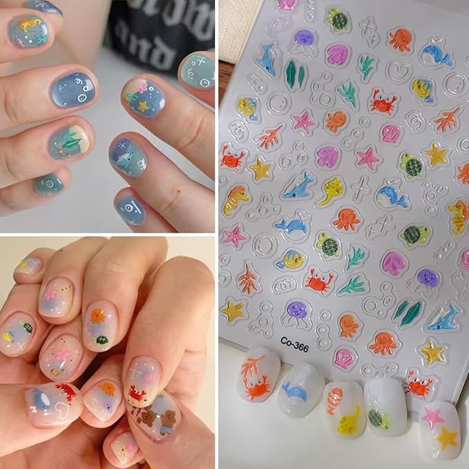 Zoance 5D Embossed Shell Starfish Nail Art Stickers, Self Adhesive Marine Life Nail Decals 4 Sheets Jellyfish Fishtail Pearl Nail Stickers for Nail Art Supplies Women Girls Nail DIY Decorations