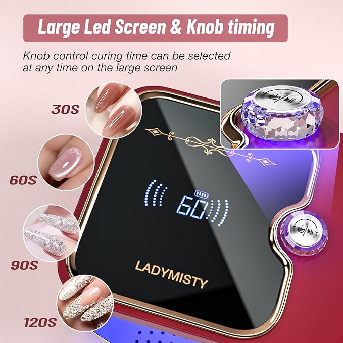 268W UV Nail Lamp Cordless, Rechargeable UV Light for Gel Nails with Convenient Knob & Full LCD Display Screen, Portable LED Nail Lamp, Professional Nail Dryer for Nail Salon & Home