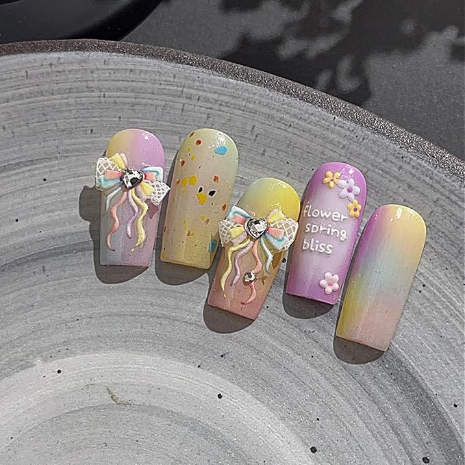 5D Bow Nail Stickers for Nail Art Colorful Lace Ribbon Bow Nail Decals Embossed Valentines Nail Art Stickers Self Adhesive Cute Star Heart Nail Decorations Supplies for Women Wedding Manicure 1Sheets