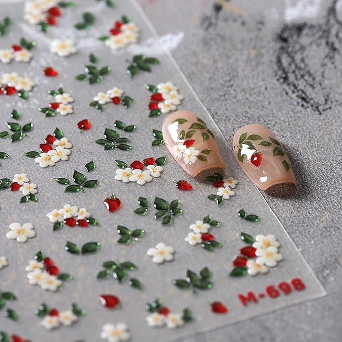 1 Sheets White Flower Nail Stickers for Nail Art Spring Flowers Nail Art Stickers 5d Embossed Floral Nail Decals Self-Adhesive Green Leaf Nail Designs Supplies for Women Girls Manicure Decor