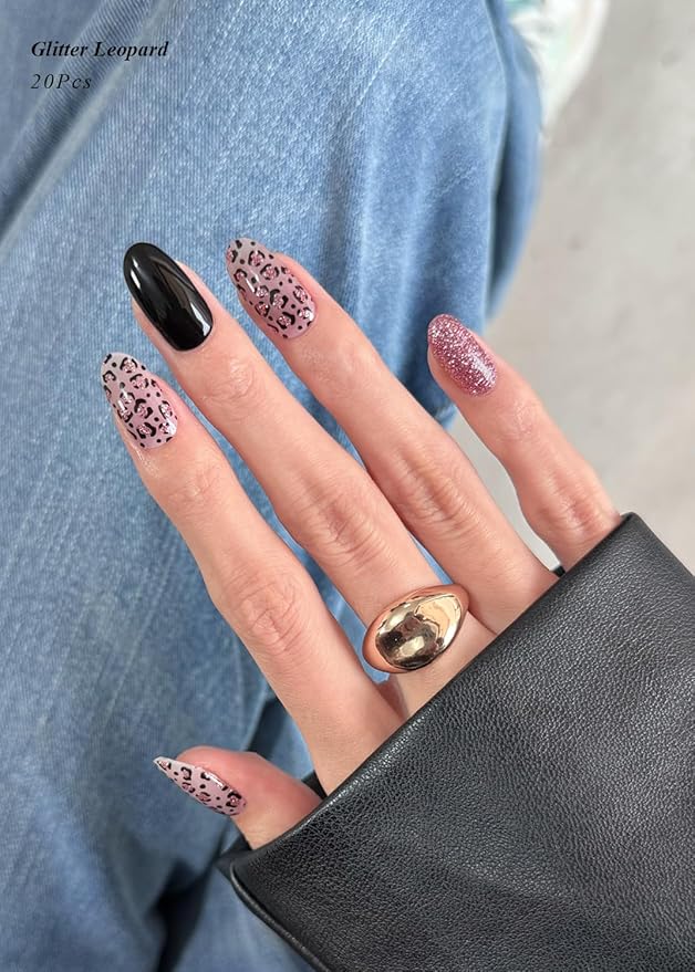 Semi Cured Gel Nail Strips (Glitter Leopard), Purple, 20 Pcs Gel Nail Wraps, Stickers, Salon Quality, Long Lasting, Works with Any UV Lamps