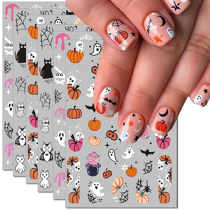 Halloween Nail Art Stickers, Pink Pumpkin Nail Decals, 3D Self-Adhesive Spider-Web Bat Design for DIY Nail Supplies Decoration (6 Sheets)