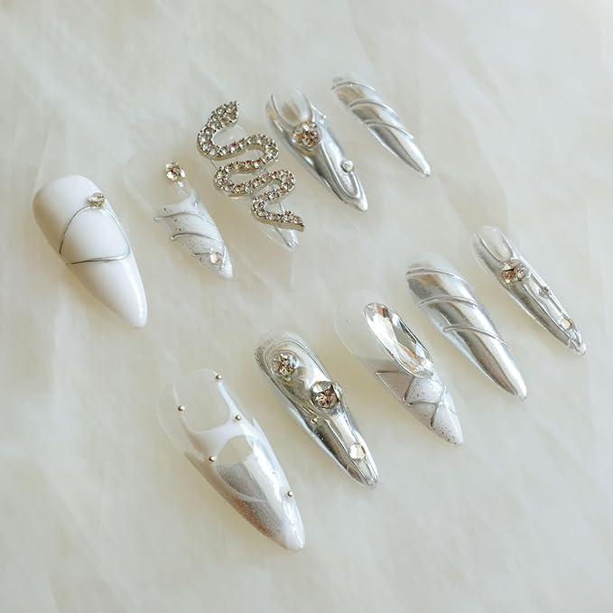 Luxury Long Almond Press-On Nails, White and Silver Rhinestone Design, 3D Snake Pattern with Pearl Accents, Handmade False Nail 10 Pieces (Medium, LS)