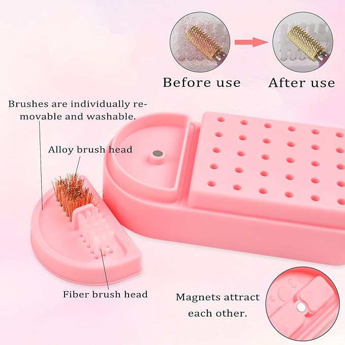 Nail Drill Bits Holder 2 in 1 Nail Drill Bits Cleaning Brush Case, 30 Holes Dustproof Acrylic Nail Drill Holder Storage Box, Nail Drill Bit Holder Stand Displayer Organizer for Home Salon Use (Pink)