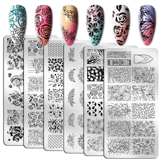 WOKOTO 6Pcs Nail Art Stamping Plates Kit with Flower Butterflies Rose Bird Image Templates Stamping Nail Art Tools Nail Stamp Kit