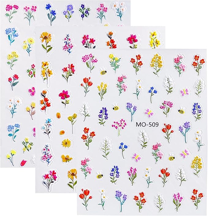 Flower Nail Stickers Elegant Art Floral Nail Decals Charms 3D Self-Adhesive Bouquet DIY Date Spring Summer Nail Supplies Manicure for Nail Decorations 3 Sheet