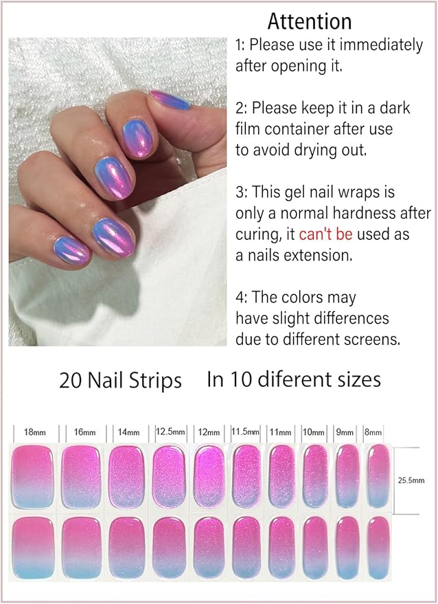 Semi Cured Gel Nail Strips, Glazed Pearch Ombre 20pcs Adhesive UV Sticker, Wraps for Home Manicure DIY