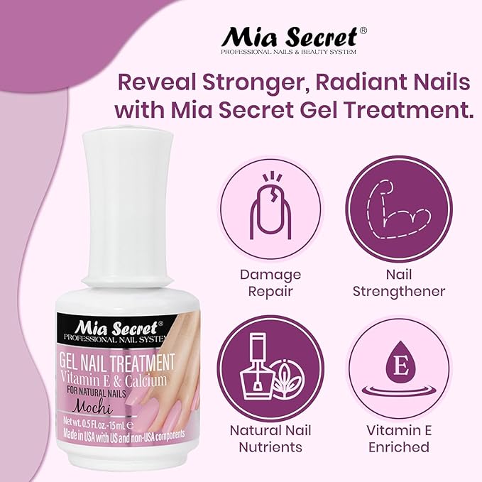 Mia Secret Gel Nail Treatment With Vitamin E and Calcium, 15ml - Repair and Strengthening Gel for Nails (Mochi)