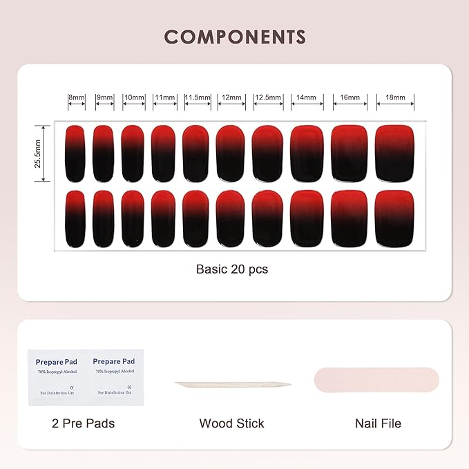 Semi Cured Gel Nail Strips – Real Gel Nail Polish Wraps for Brittle Nails | Long Lasting Easy Peel-Off Removal | Hema-Free | 20-Piece Red Black Ombre Salon Sticker Kit with File & Stick