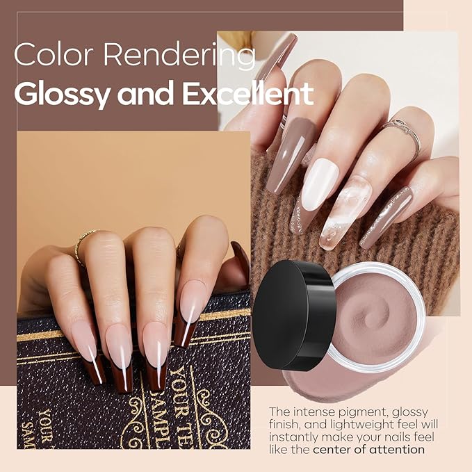 Modelones Dip Powder Nail Kit, 4 Colors Brown Glitter Dipping Starter Set with Liquid and Complete Accessories for French Nails Art Salon DIY at Home Manicure
