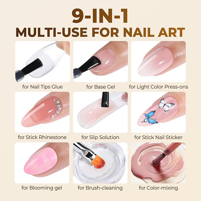 UNA GELLA 9 in 1 Gel Nail Glue U V Light Super Hold for Gel Nails Tips, 10 ml Brush On Nail Glue for Light-Color Press On Nails, Rhinestones, Base Coat, Blooming Art, Acrylic Tips Lamp Needed