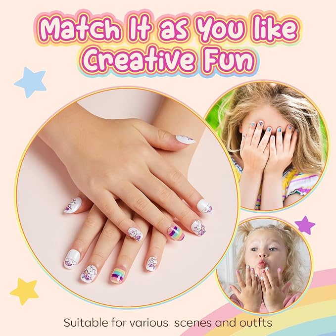 Modelones Press on Nails for Kids 144Pcs 6 Pack Children Acrylic Fake Nails Pre-glue Full Cover Glitter Color Starts Unicorn Short False Nail Art Kits Sets Thanksgiving Christmas Gifts for Girls