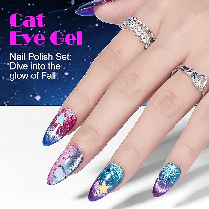 NXJ INFILILA Cat Eye Gel Nail Polish Set 4 Colors 15ML - Pink Purple Blue Green Magnetic Nail Polish, Sparkle Glitter Gel Polish Kit for LED/UV Lamp, Soak Off DIY Home Salon Manicure Gifts