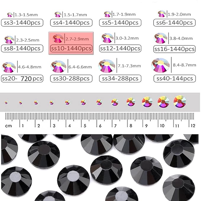 Dowarm 1440 Pieces SS10 Flatback Crystal Rhinestones, 2.8MM for Craft Nails Dance Costumes, Non Hotfix, Jet Black