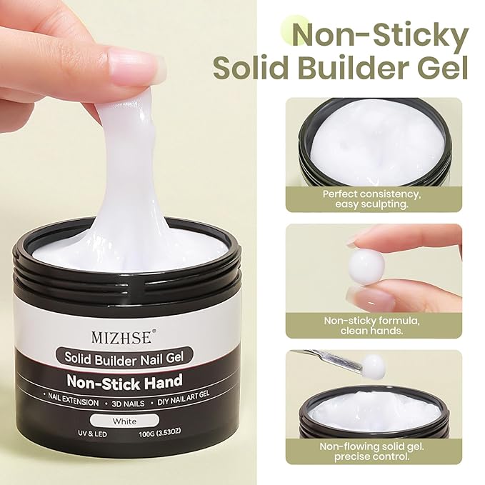 MIZHSE 100g Solid Builder Gel, Large Capacity White Sculpting Gel for Nails, Non-sticky Hand 3D Nail Art Building Carving Modeling Hard Nail Extension with 3D Mold Nail Art Salon Home DIY