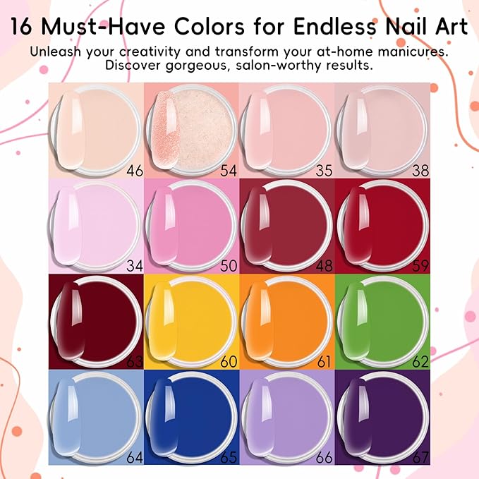 16 Color Acrylic Nail Powder Kit - for DIY Nail French Extensions & 3D Art, No Lamp Needed, Non-Yellowing, Professional Salon Quality, Bubble Free & Long Lasting