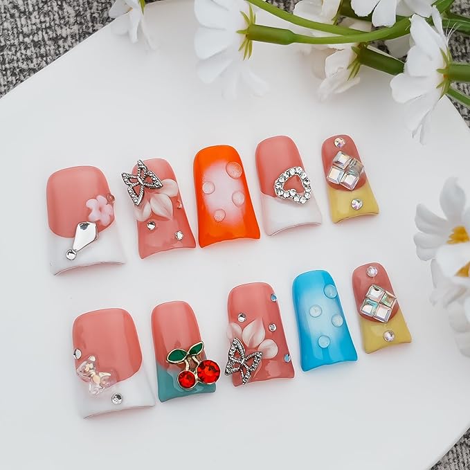 Handmade Press on Nails Short Duck - 3D Floral Metallic Butterflies False Nails Luxury Rhinestone Cherry Petal Flower Design, Reusable Thick Acrylic Full Cover(Spring Bloom Pop,S)
