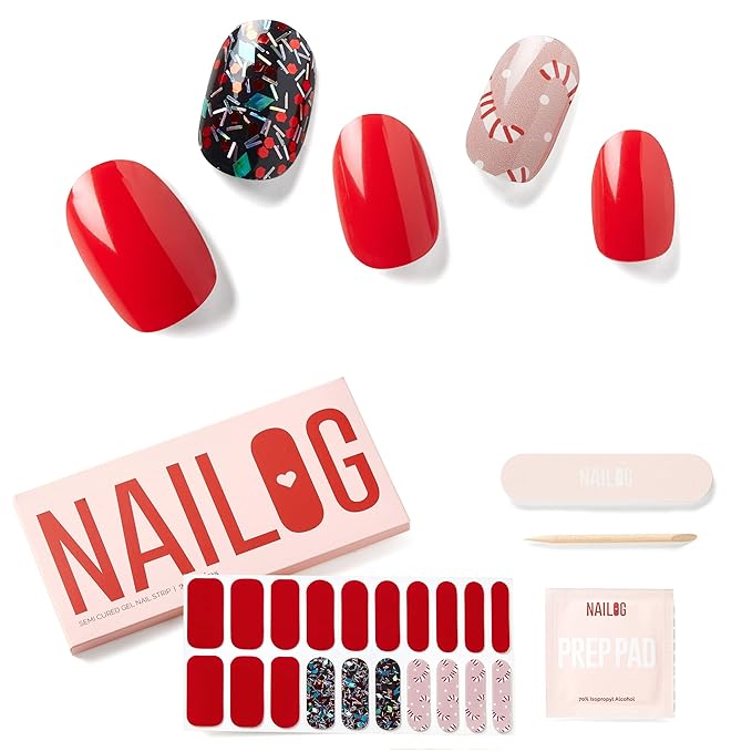 NAILOG Semi Cured Gel Nail Strips for Christmas Day, 20Pcs Red Candy Lasting Gel Nail Stickers, Salon Quality Easy Apply & Remove Works with Any UV/LED Nail Lamps, Dazzling Night