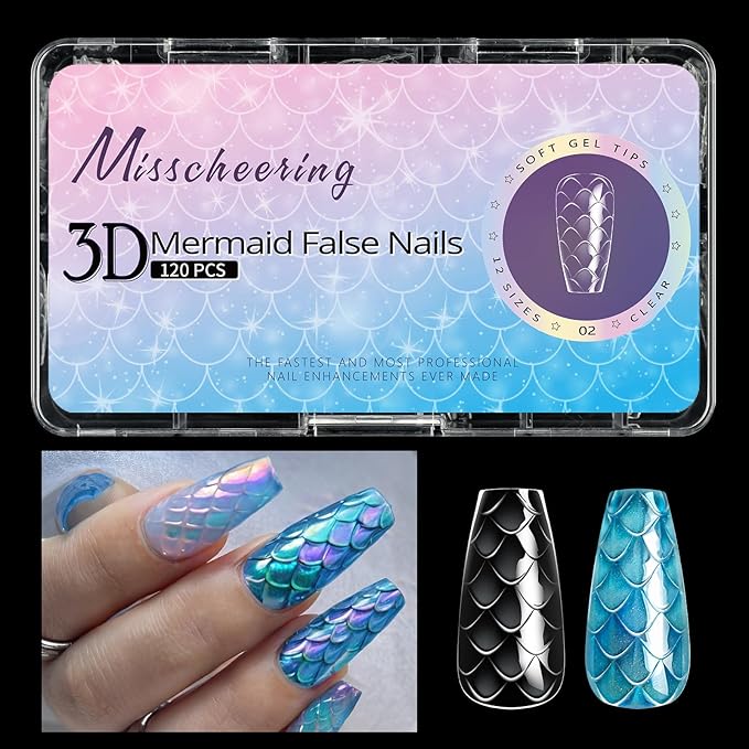 3D Diamond Shaped Polygel Nail, Extension Clear Full Cover False Nail Tips, Hybrid Gel Acrylic Nail, Diamond Fake Nails, 14 Sizes Building Artificial Press on Nail (Fish Scales 2, 120pcs)