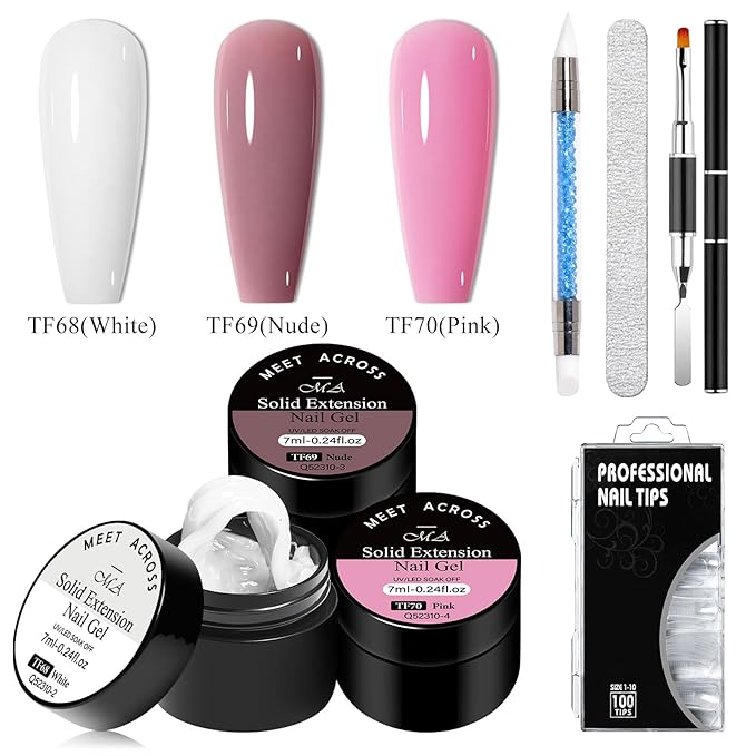 MEET ACROSS Solid Builder Nail Gel Solid Builder Gel for Nails White Pink Dirty Pink Non-Stick Hand Sculpture Hard Art Gift 7Pcs