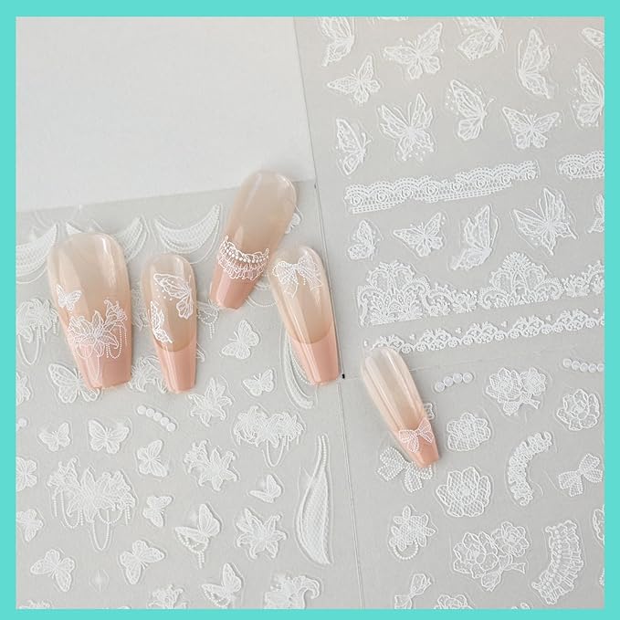 Lace Butterfly Nail Art Stickers, Thin White Nail Decals, Self-Adhesive, Summer Spring Nail Accessories for Women, Nail Decorations 3 Sheets