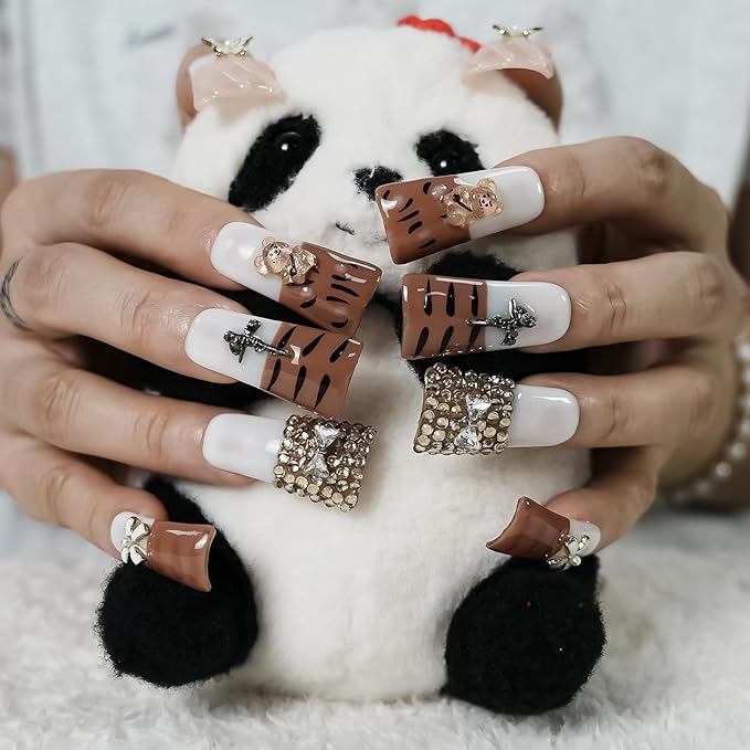Duck Shaped Press on Nails Medium Handmade Fake Nails - French Tip Tiger Stripe Design with 3D Rhinestones Bow Charms Milk White Base False Nails (Diamond Tiger Pattern,M)
