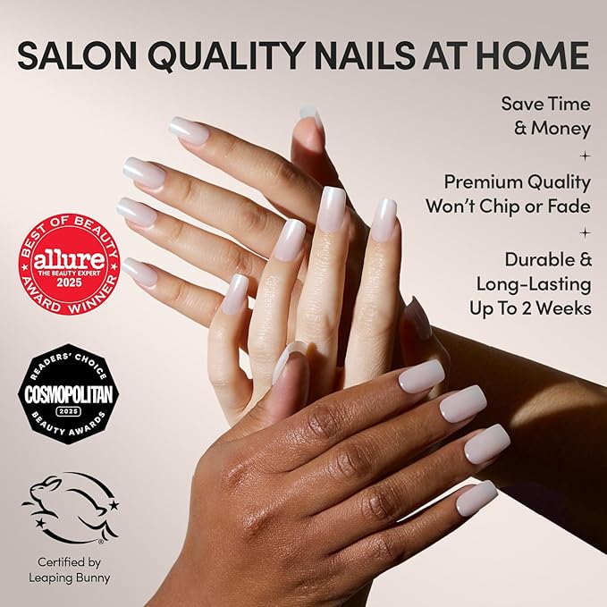 Glamnetic Press On Nails - Bailey | Medium Square Fake Nails, Sheer White Glazed, Salon Quality | 15 Sizes - 30 Nail Kit Wtih Glue