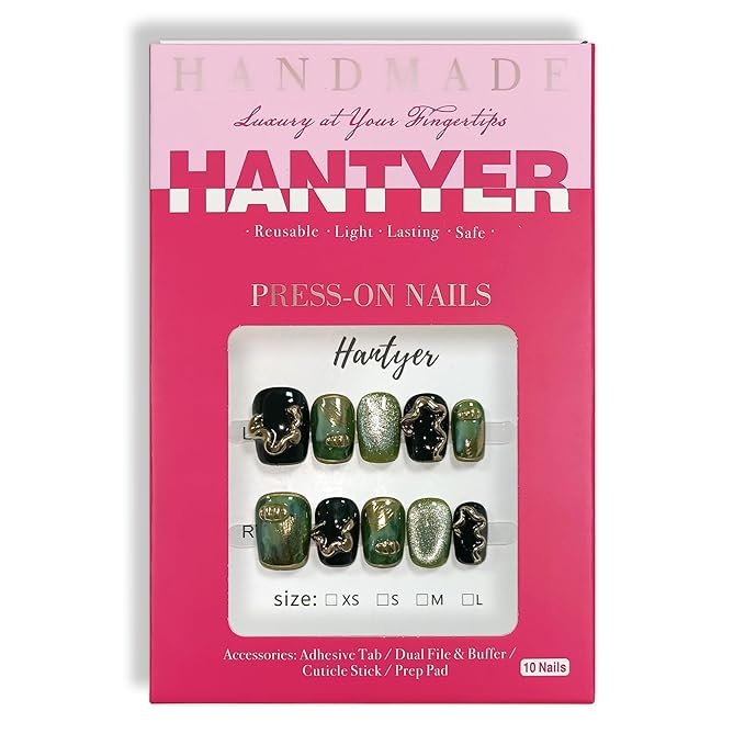 Black to Dark Green Ombre Press on Nails with Hand-Painted Gold 3D Lines - Short Square Glossy Luxury Fake Nails, Reusable Elegant False Nails for Women Fall Winter Season Party, Size XS