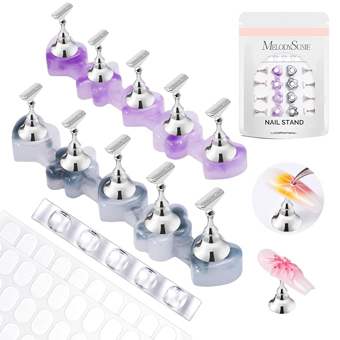 MelodySusie Nail Stand for Press Ons, Flower and Heart Magnetic Base for Painting Display with Acrylic Brush Holder and 100 Pcs Reusable Double-Sided Tape for Home DIY Salon Supplies, Purple and Gray