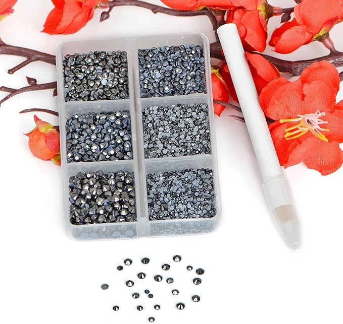 Bymitel Hotfix Crystal Rhinestones Round Gems for Crafts,Mixed 6 Sizes with Wax Pencil Kit, Jet Hematite 1.3-3.2mm(SS3-SS12/8000pcs)