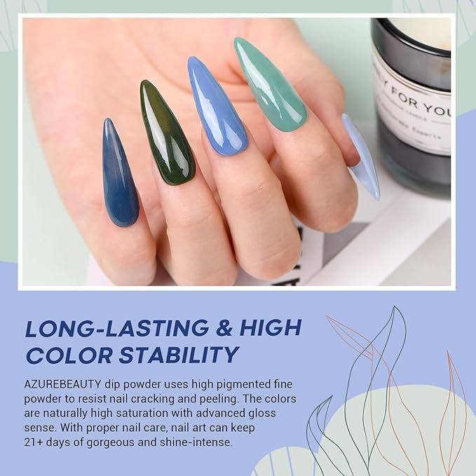 AZUREBEAUTY Dip Powder Nail Set Blue Sage Green Grey Shades, 6 Dark Colors Dipping Powder Starter Kit French Nail Art Manicure DIY Salon for Women, No Need Nail Lamp Cured