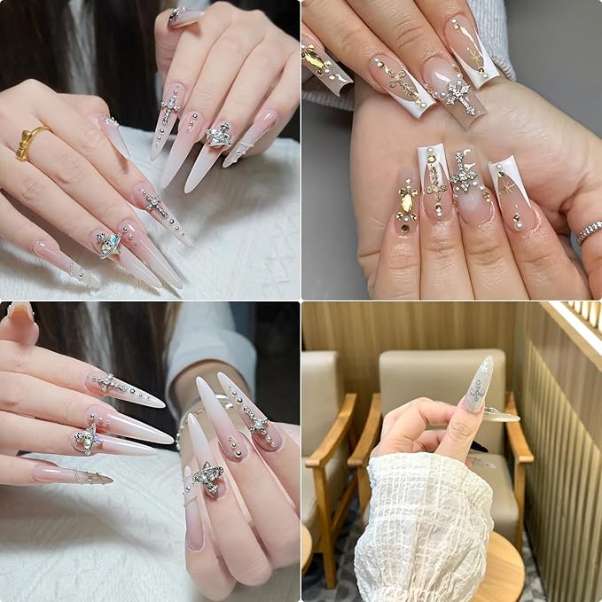 3D Cross Nail Charms for Nail Art, 60 Pcs Metal Crystal Cross Nail Decorations, Alloy Nail Studs and Rhinestones for Women Girl DIY Jewelry Crafts Supplies (Gold+Silver B)