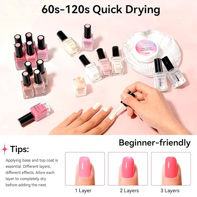 Neutral Collections Nail Polish Set with Base-Top Coat 16 Colors Nude Pink Peach Milky Rose Beige Skin Tones Fingernail Polish with Remover Pads, Salon Home DIY Nail Art Manicure Gift