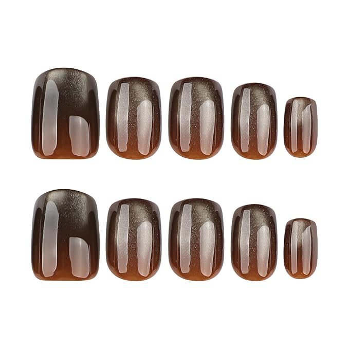 Glitter Brown Cat Eye Press On Nails Short Round – Fall Caramel Color, Gel-Infused Acrylic Reusable Fake Nails w/Adhesive Tabs & Glue, Salon-Quality Cute Press-Ons for Women Girls Gift