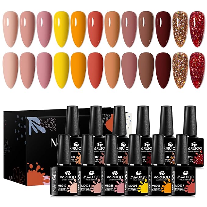 12Pcs Nude Brown Gel Nail Polish Set Caramel Gel Polish Kit Roasted Chestnuts Chocolate Glitter Gel Polish Fall Winter Nail Art Manicure Kit DIY Salon Gift